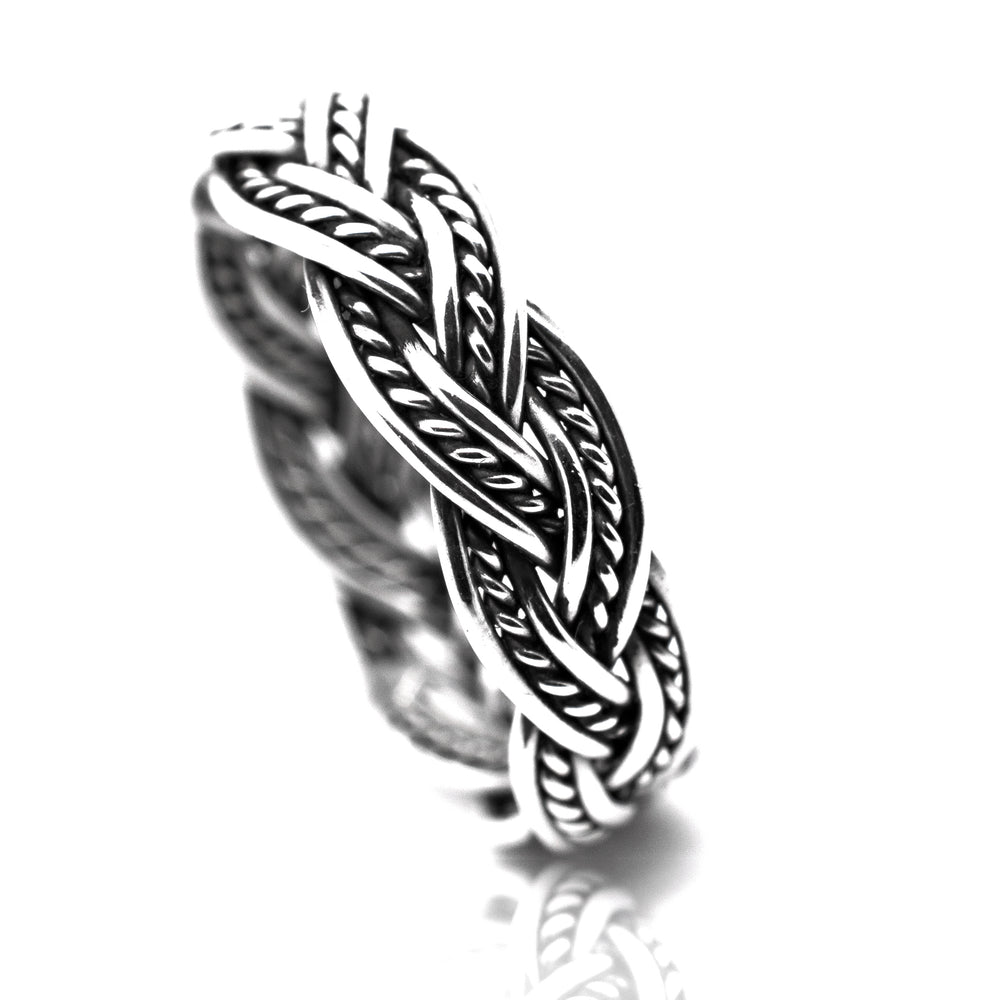 An intricately braided Super Silver Twisting Rope Band with a textured design.