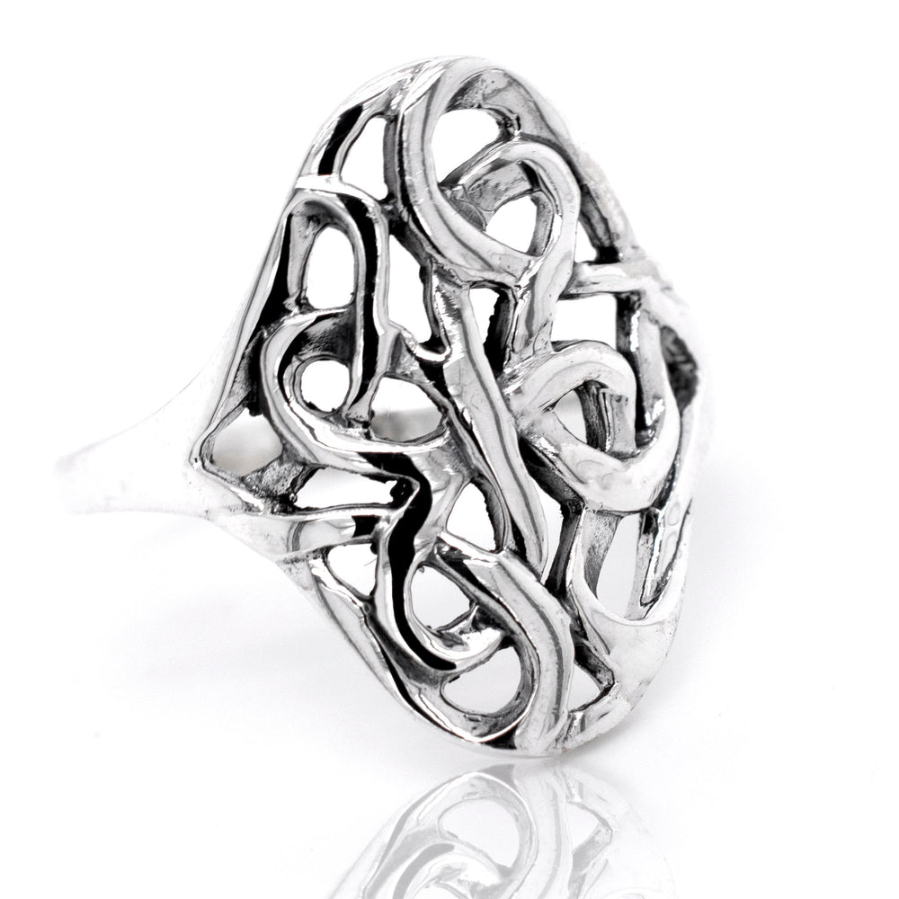 A sterling silver Open Knot Shield Ring with an intricate design.