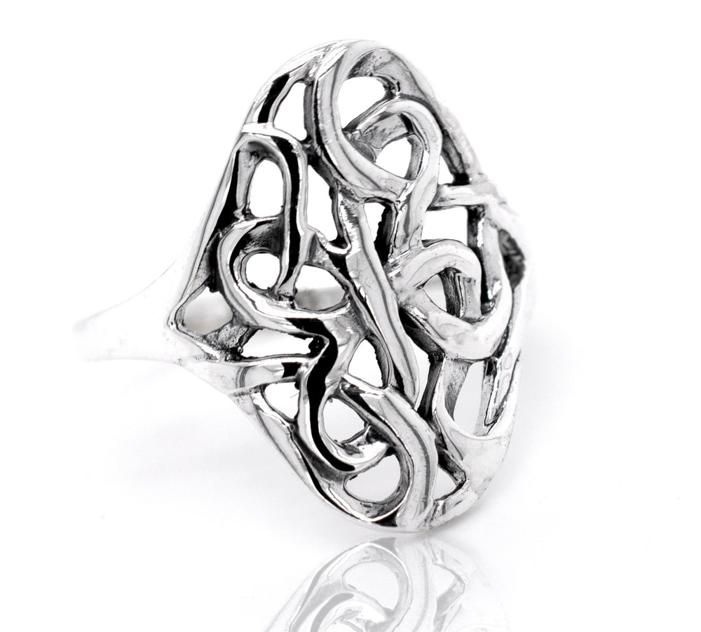 A sterling silver Open Knot Shield Ring with an intricate design.