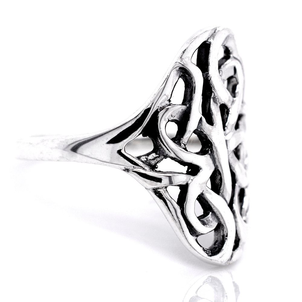 
                  
                    Open Knot Shield engagement ring in sterling silver.
                  
                