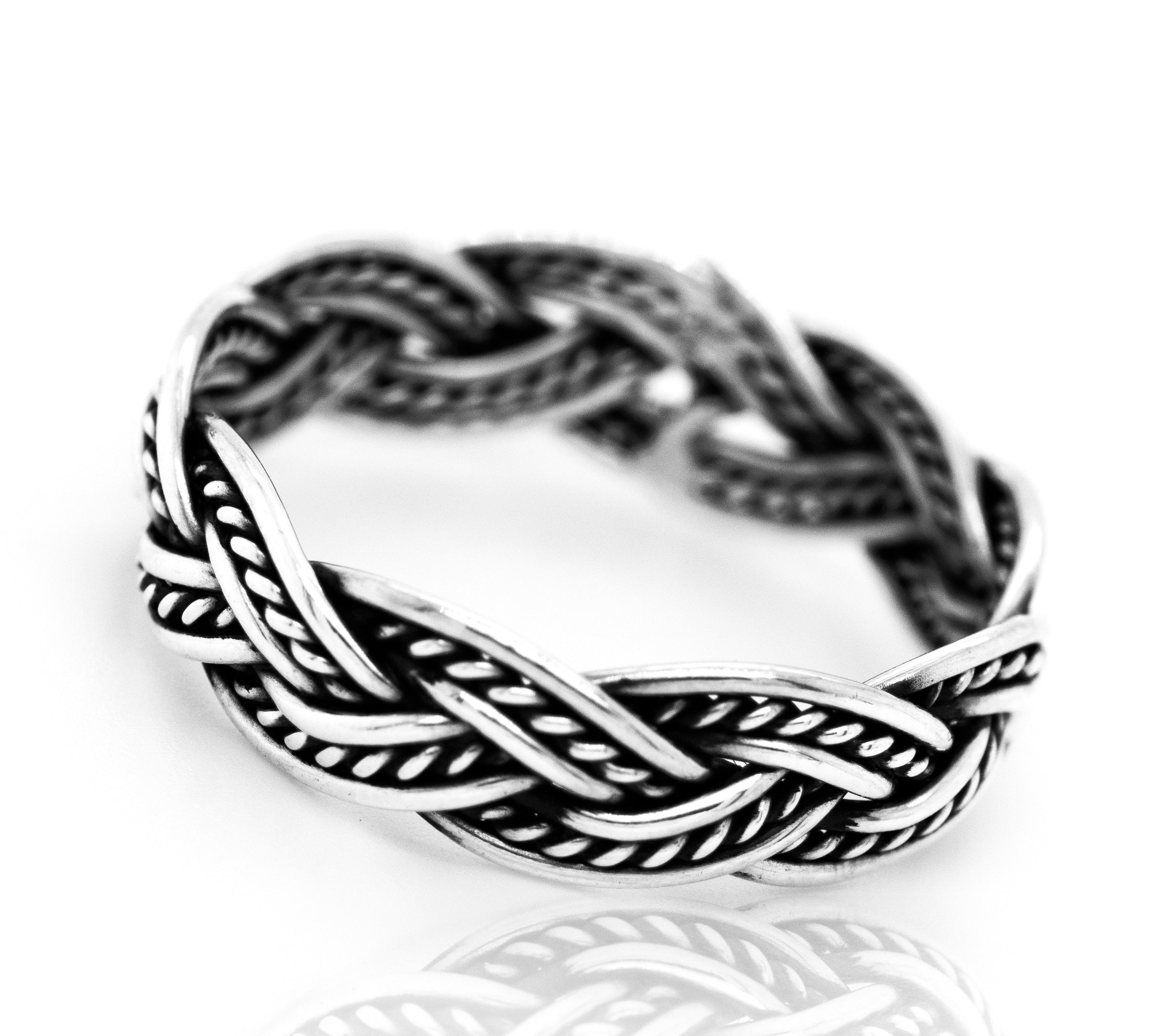 A Super Silver Twisting Rope Band, with a woven rope design, featuring texture and antiquing.