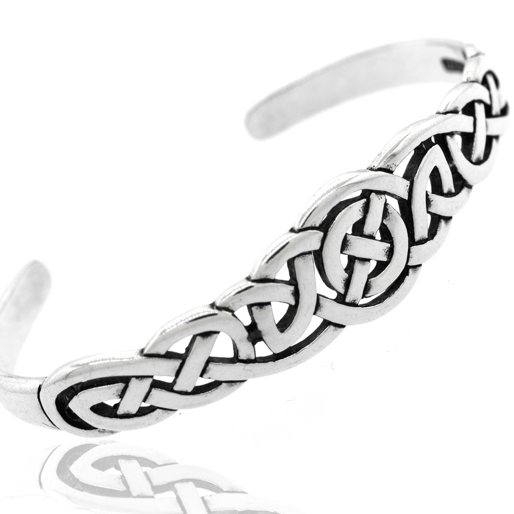 This Super Silver Celtic Knot Cuff bracelet symbolizes an unbreakable bond.