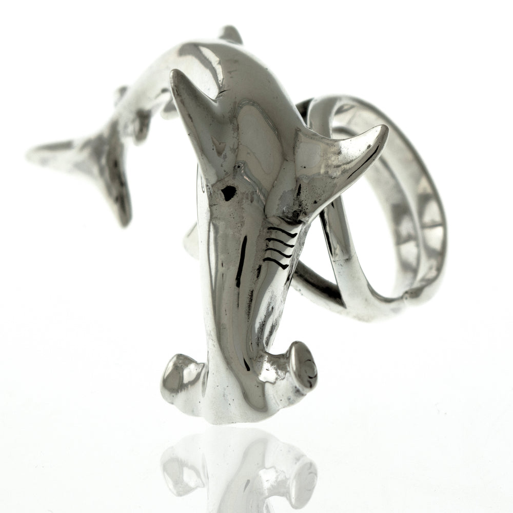 An artisan-crafted sterling silver Hammerhead Shark Ring, featuring an adjustable band.