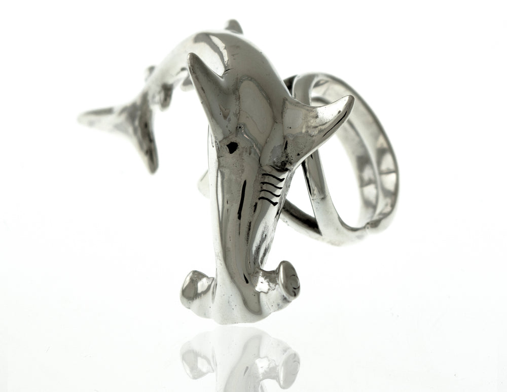 An artisan-crafted sterling silver Hammerhead Shark Ring, featuring an adjustable band.
