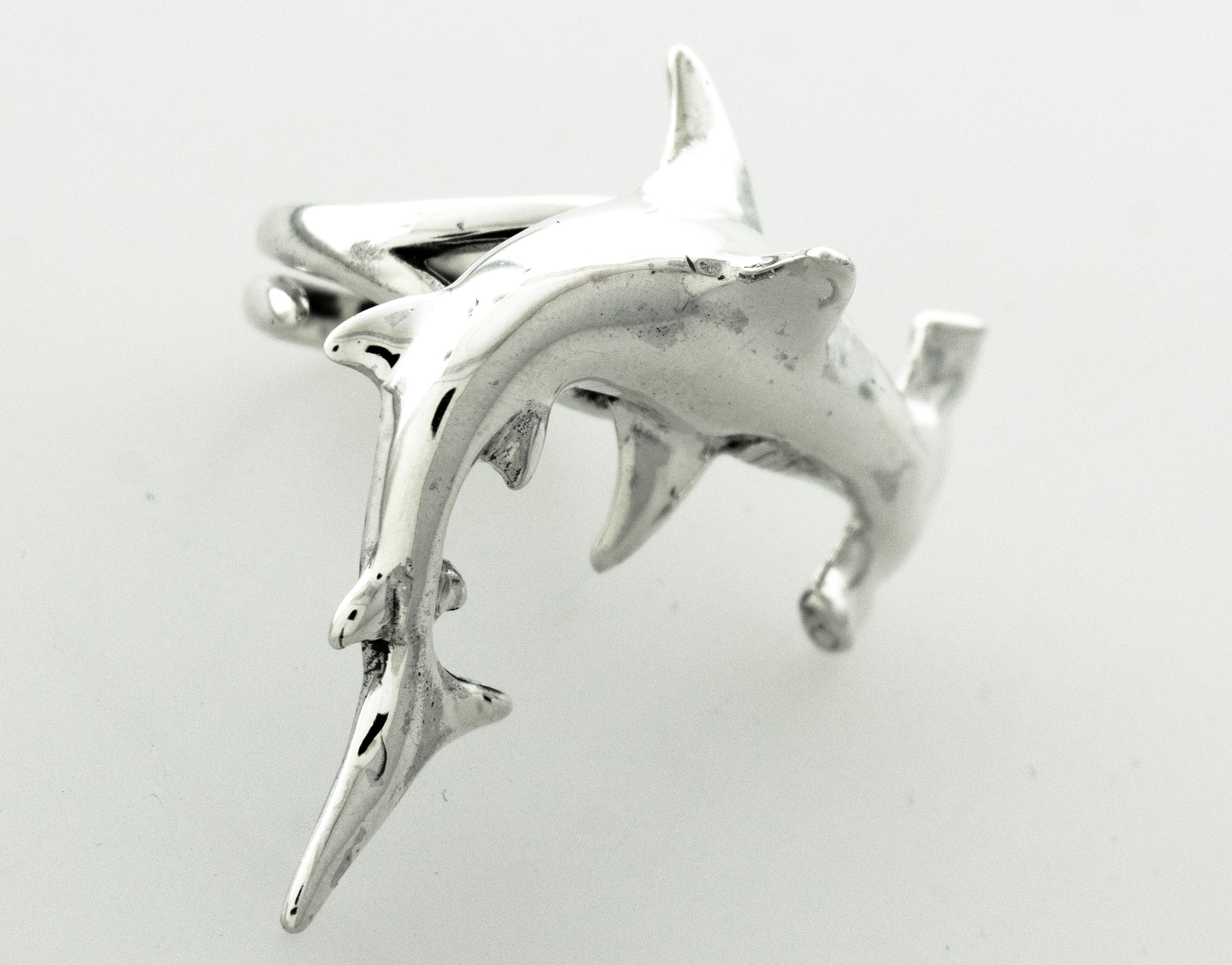 A sterling silver Hammerhead Shark Ring, specifically depicting a hammerhead.