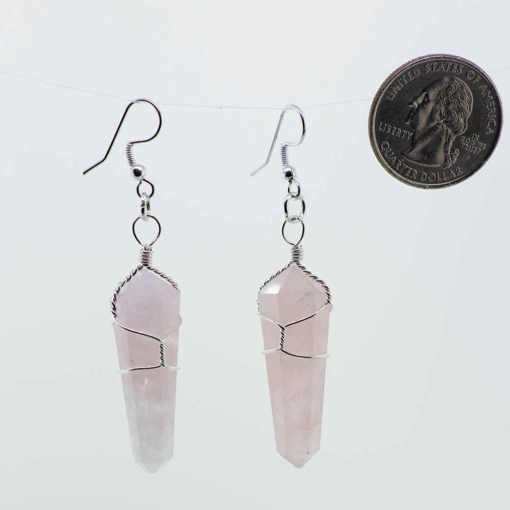 
                  
                    A pair of Super Silver Wire Wrapped Stone Earrings, perfect for everyday wear, hanging from a delicate chain.
                  
                