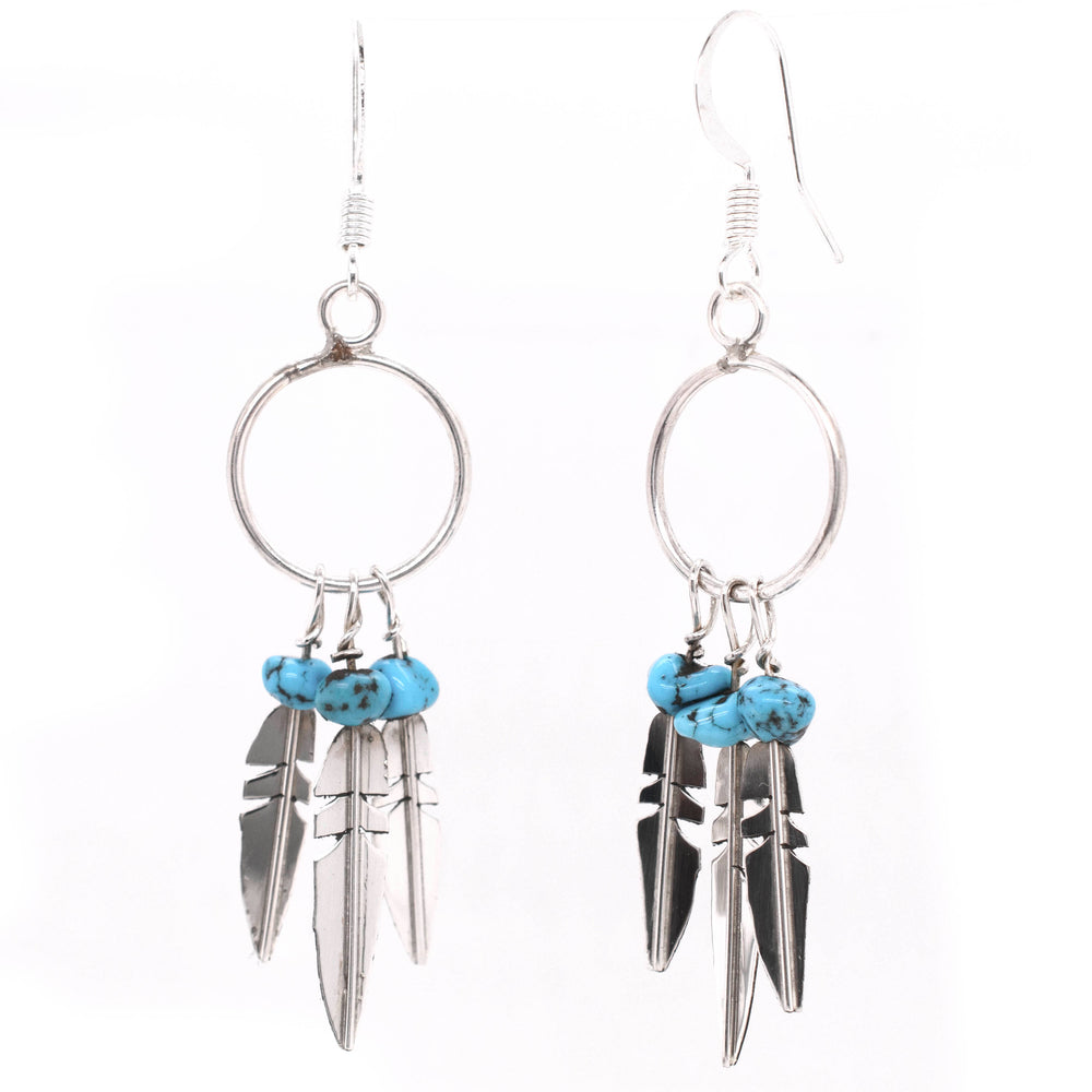 
                  
                    A pair of silver earrings with Enchanting Zuni Feather Earrings With Coral Or Turquoise Beads and feathers from Super Silver.
                  
                