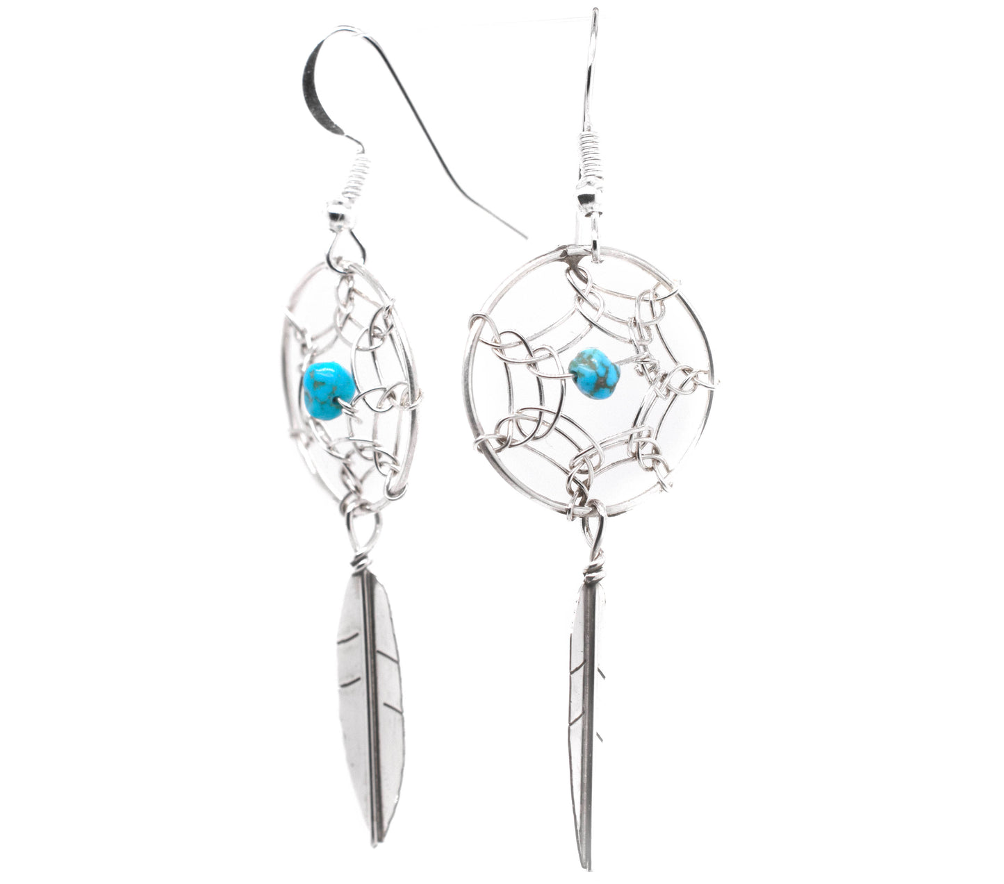 A pair of Super Silver Zuni Dreamcatcher Earrings with Natural Stone Bead.