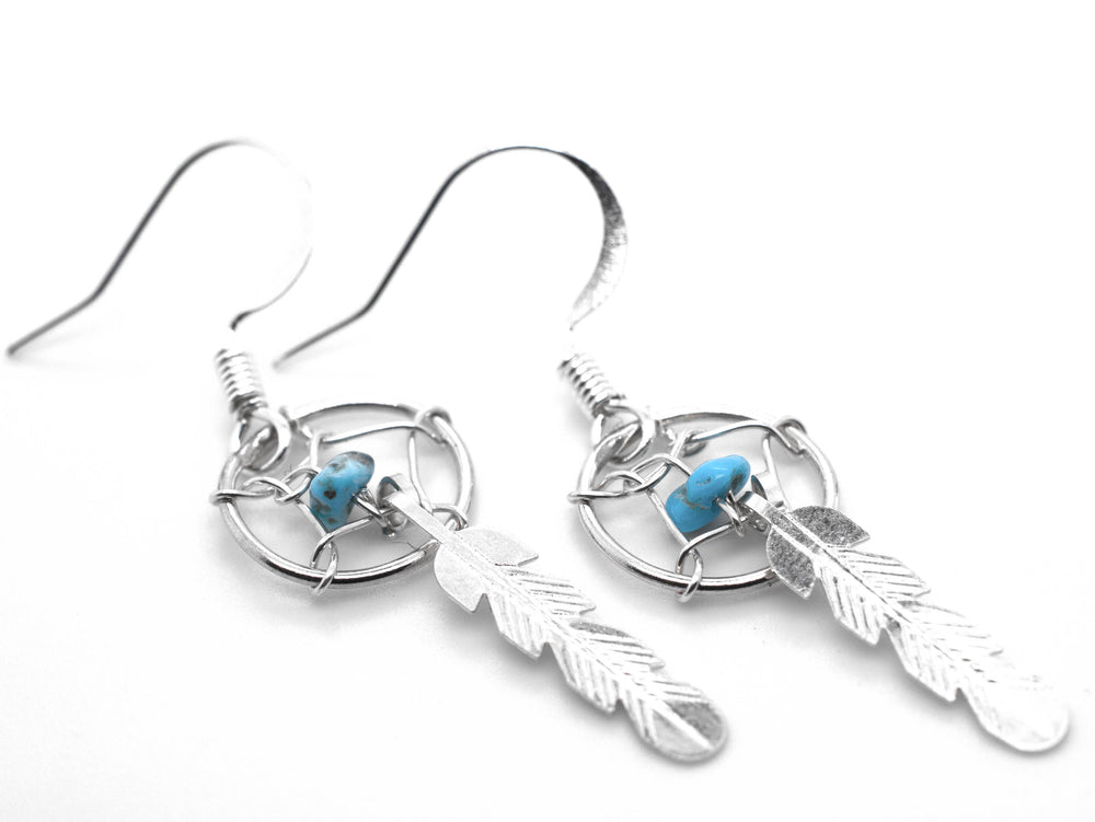 A stunning pair of Super Silver Zuni Turquoise Dreamcatcher Earrings adorned with turquoise stones and feathers.